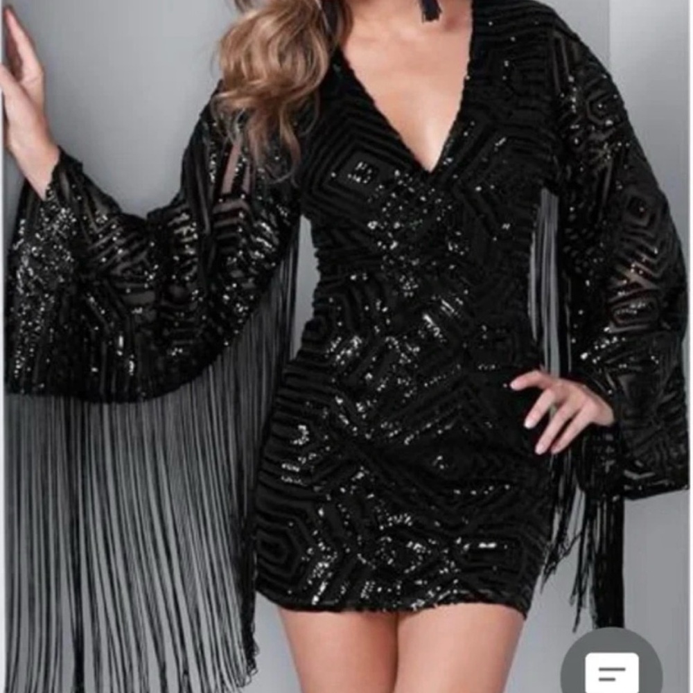 VENUS Black Sequin Fringe V-Neck Mini Dress